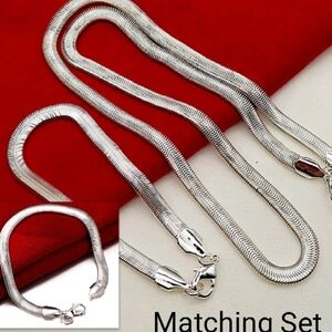 Sterling Silver Flat Snake Chain Necklace Matching Bracelet Set